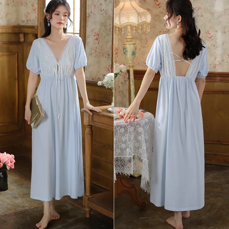 Cotton Palace Style Lace Princess Nightgown Summer Women's Nightdress Sexy Hollow Back Sleepwear Loose V-Neck Homewear