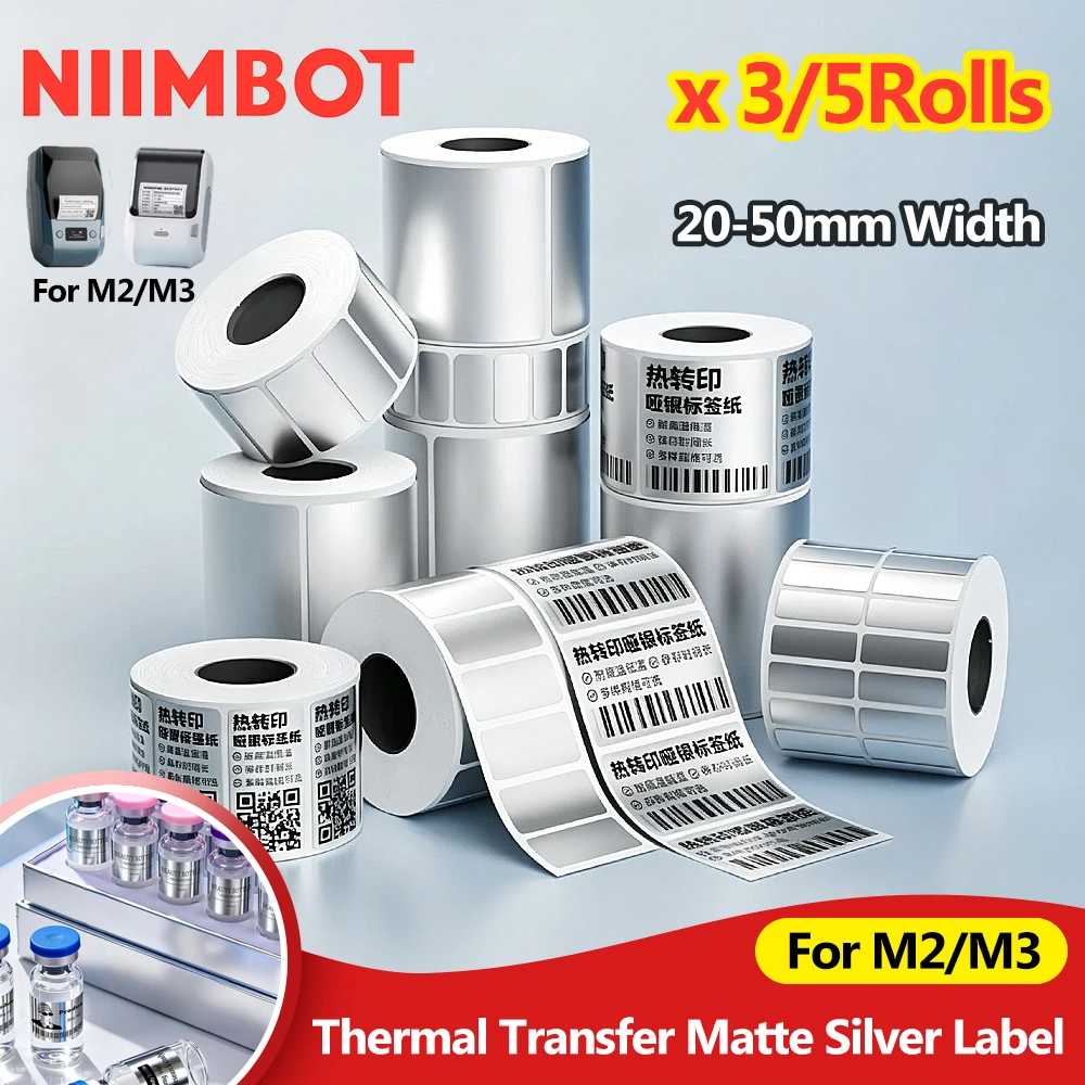 3/5Roll For Niimbot M2/M3 Thermal Transfer Label Printer Silver/Matte Silver Sticker Self-Adhesive Office/Home/Outdoor Keep Long