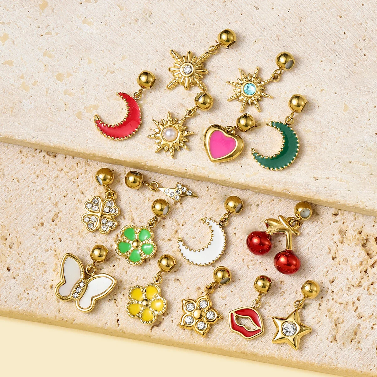 3Pcs/Lot Heart Flower Enamel Stainless Steel Diy Stopper Charms Moon Cherry Star Clover Women Bracelet Necklace Pendant jewelry