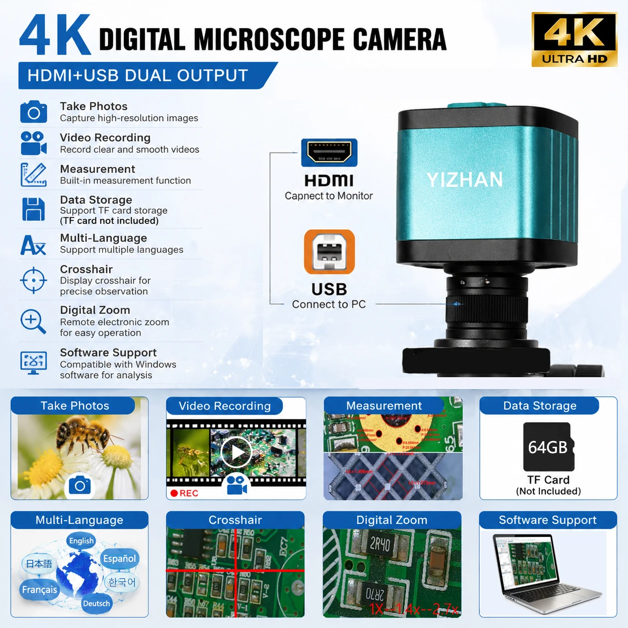 Складной цифровой видеомикроскоп 48MP 4K 1080P HDMI USB камера 150X C-mount промышленная пайка ювелирные изделия микроскоп 13MP VGA
