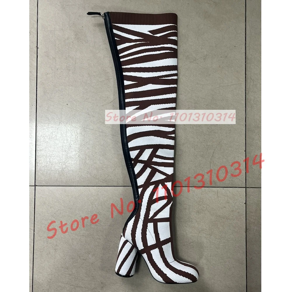 Striped Knitted Over Knee Stretch Boots Women\'s Unique Spring Round Toe Thick Heel Shoes Female New In Design Fashion Long Boots