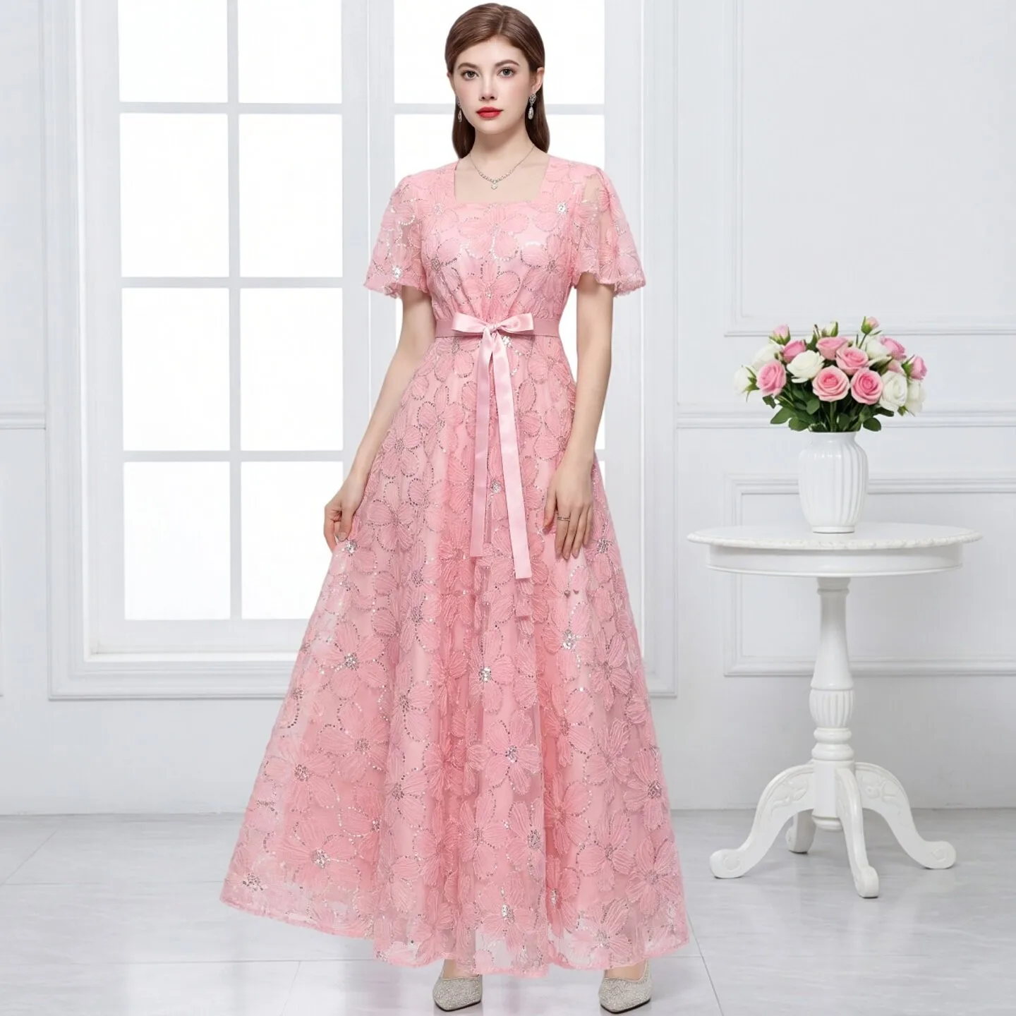 Elegant Lace Short Sleeve Square Neck Dress Pink Show off Women's Dress Gentle Breeze High Waist Polyester Fiber Micro Elastic