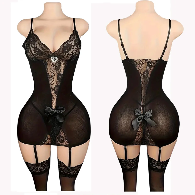 Women's Sexy Lace Mesh Splicing Slim Fit Pajama Set with Hot Perspective Suspender Design Slimming Effect Sleepwear