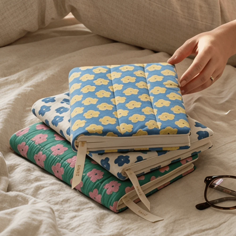 Dopamine Quilted Fabric Book Cover Soft Floral Pattern Book Protector Pouch Lightweight Minimalist Diary Book Cover For Students