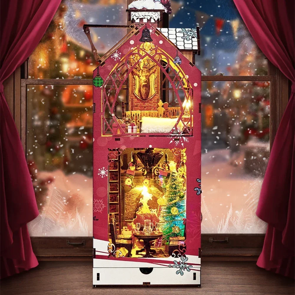 Song of The Snowy Night Bookshelf Home Decor Merry Christmas DIY Wooden Book Nook Shelf Insert Miniature Kits Xmas Handmade Gift