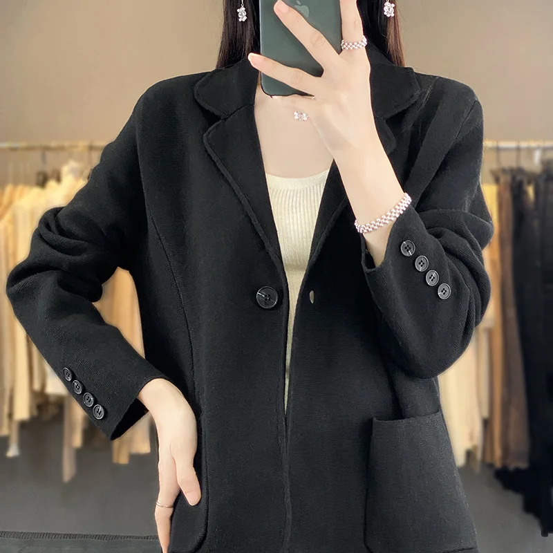 Autumn And Winter New Worsted Wool Cardigan Women's Coat Solid Color With Pocket Suit Collar Loose Sweater Top