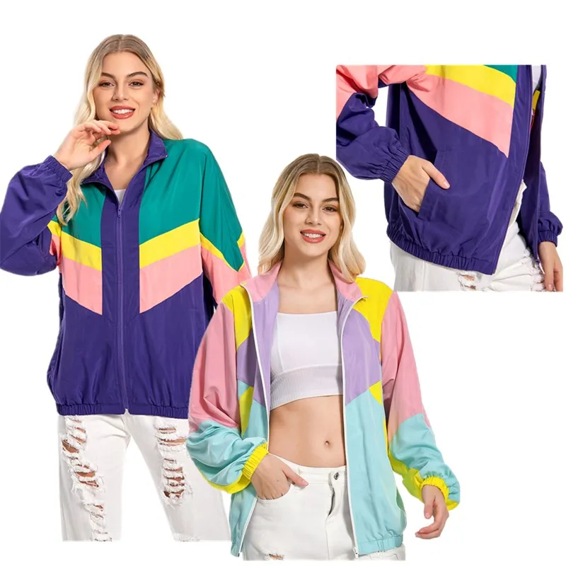 Women 80s 90s Retro Vintage Colorful Jacket Coat Female Adult Hip Hop Cosplay Tracksuits Halloween Carnival Party Costume