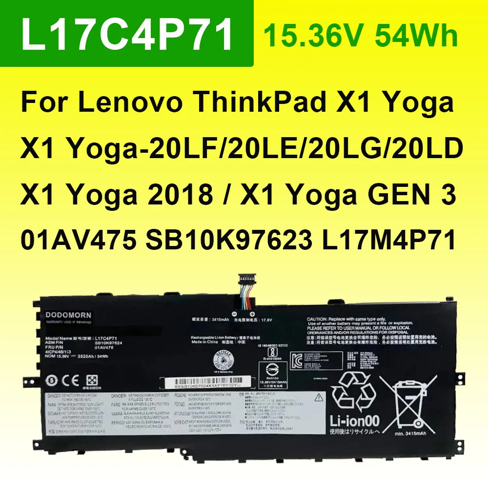 DODOMORN L17C4P71 Laptop Battery For Lenovo ThinkPad X1 Yoga Gen 3/2018 20LE 20LD Series 01AV475 SB10K97623 L17M4P71 OEM