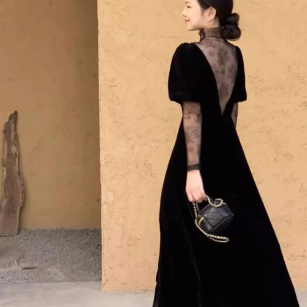 Black Temperament Lace Patchwork Dresses for Women Loose Long Sleeve Elegant Hepburn New Sweet A-line Party Streetwear Female