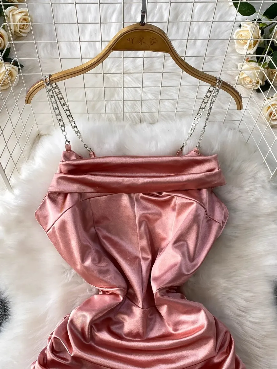 Foamlina Chic Glossy Satin Halter Dress Women 2025 Summer New Socialite Pleated Cinched Waist Slim Fit Bodycon Dresses