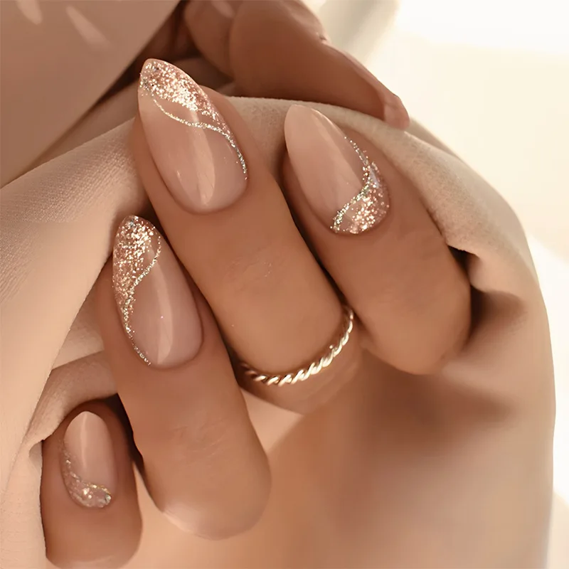 24Pcs Mid-length Almond Nails Set Press on Shiny Powder French Fake Nail Retro Flower Leopard Print Detachable False Nails Tips