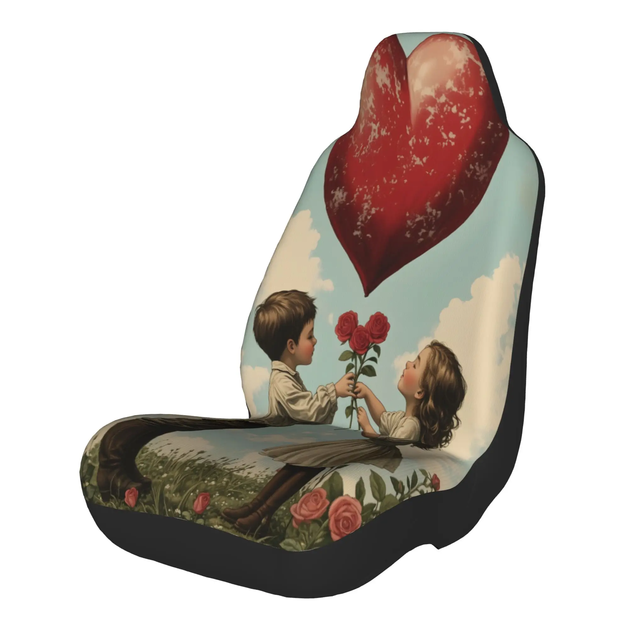 2pcs A Boy And Girl Sharing Roses Under A Heart-Shaped Balloon In A Flower FieldCar Seat Covers, Suitable For All Vehicles, Chri