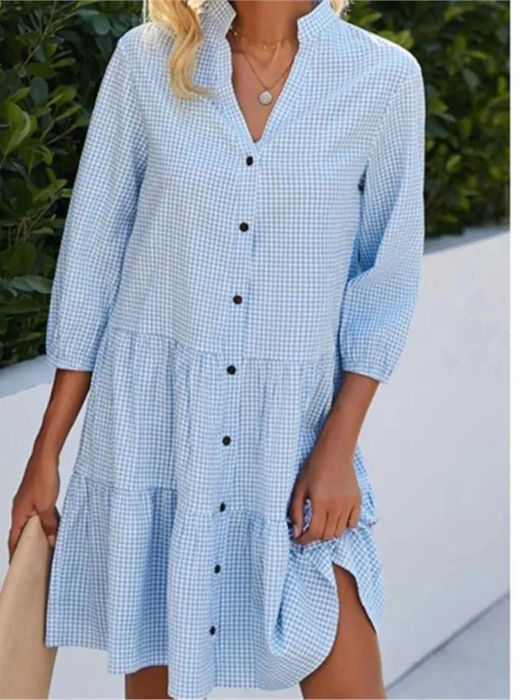 

Summer Vintage Fine Plaid Print Shirt Dress Women 2024 V-neck 3/4 Sleeve Ruffles Patchwork Beach Sundress Vacation Dresses Robe