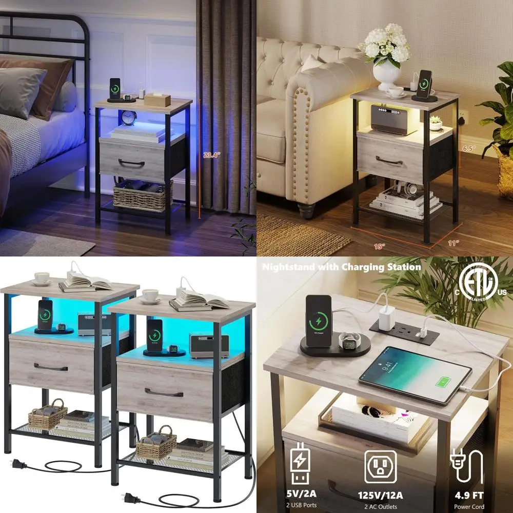 

3-х уровневая светодиодная тумбочка с зарядной станцией и тканевым ящиком, серый приставной столик для спальни