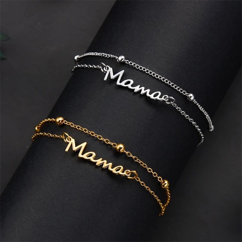 Prosta bransoletka z literą Mama Charm dla kobiet Metal 3 kolory Dwuwarstwowa bransoletka z łańcuszkiem Biżuteria modowa Prezent na nadgarstek na Dzień Matki