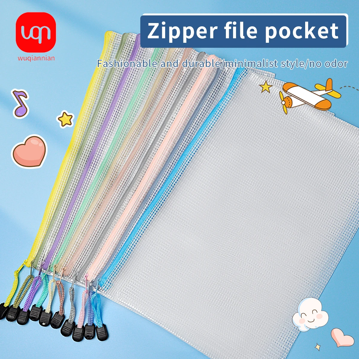 5pcs Mesh Zipper Pouch Document Bag Waterproof Zip File Folders A4 School Office Supplies Pencil Case Storage Bags