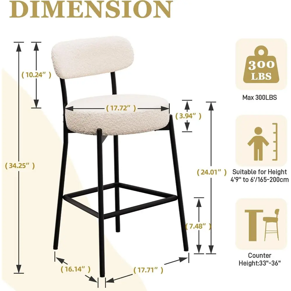 Bar Stools Set o 3, White 24 Inch Boucle Barstools Counter Height Bar Stool with Curved Back Metal Legs, ern Upholstered Bar Cha