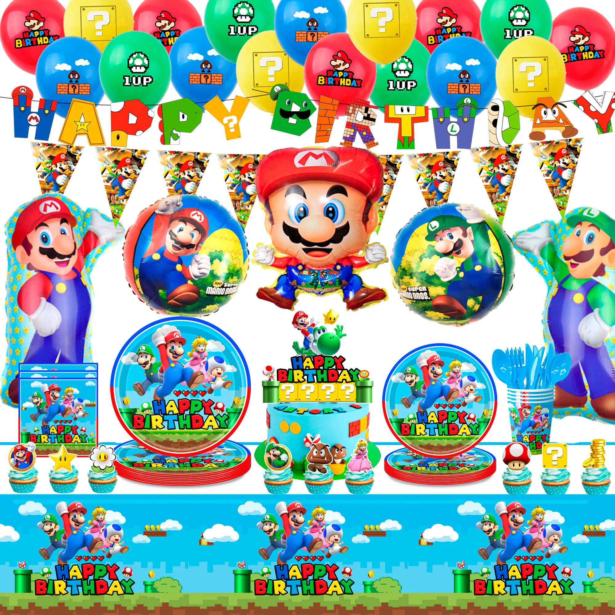 123 pièces fournitures de fête d'anniversaire Super Mario fournitures de fête Mario-ballons bannières assiettes etc décorations de fête Super Mario Bros