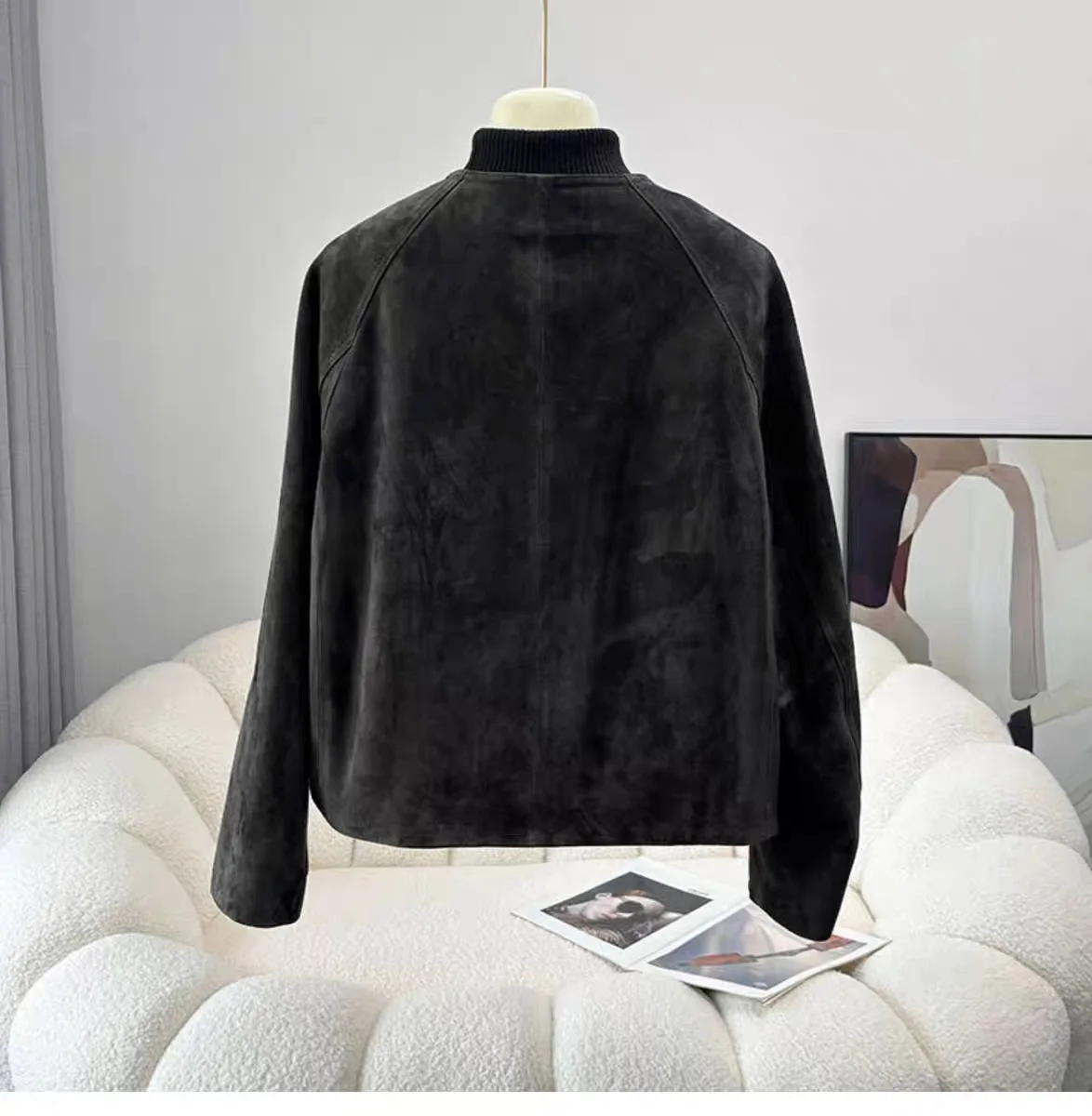 Retro Kid Suede Leather Jacket for Women Trendy Silhouette Short Coat Streetwear Chill Casaco Feminino