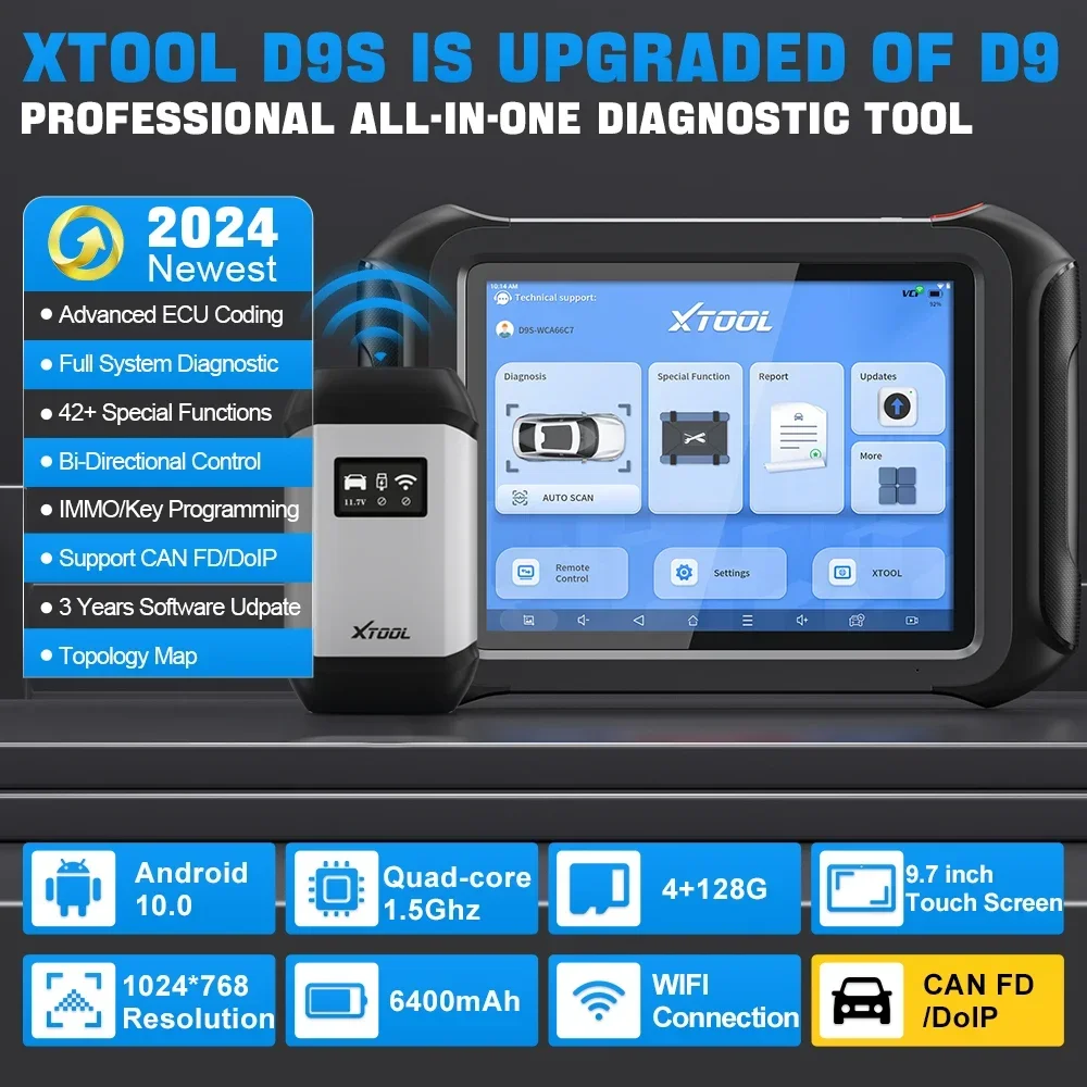 Scanner automobilistico XTOOL D9S, codifica ECU, mappa topologica, strumento programmatore chiave, controllo bidirezionale, strumento diagnostico per tutti i sistemi BT