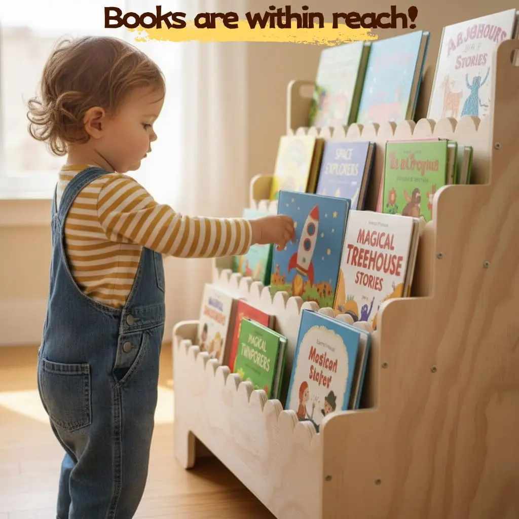 Kids Bookshelf 4-Tier, Natural Wood Children's Bookshelf, Scalloped Toddler Book Shelf, Baby Nursery Book Shelf, Display Front Facing Montessori Bookcase for Kids Room Playroom Nursery