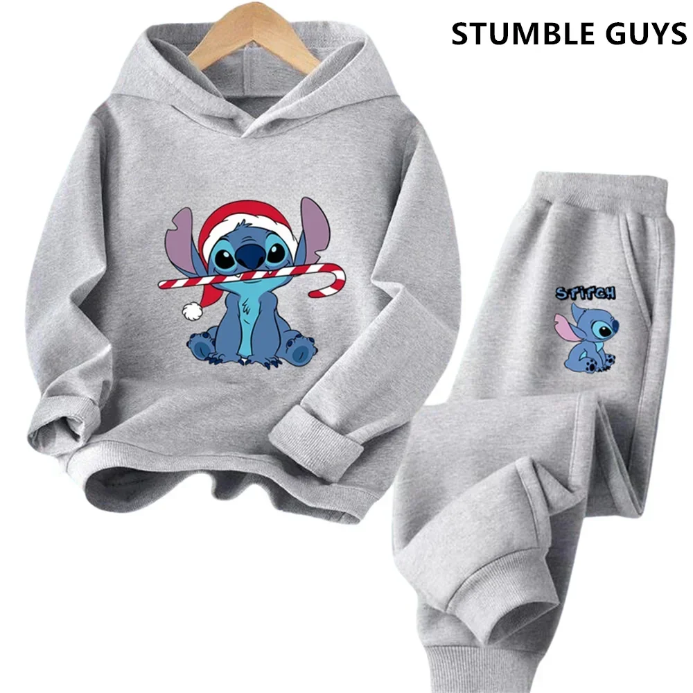 Kawaii Stitch Hoodie Set Girls Casual Hello Kitty Long-sleeved Sweatshirts Tops 2-13 Years Old Children's Trucksuit Casual Tops