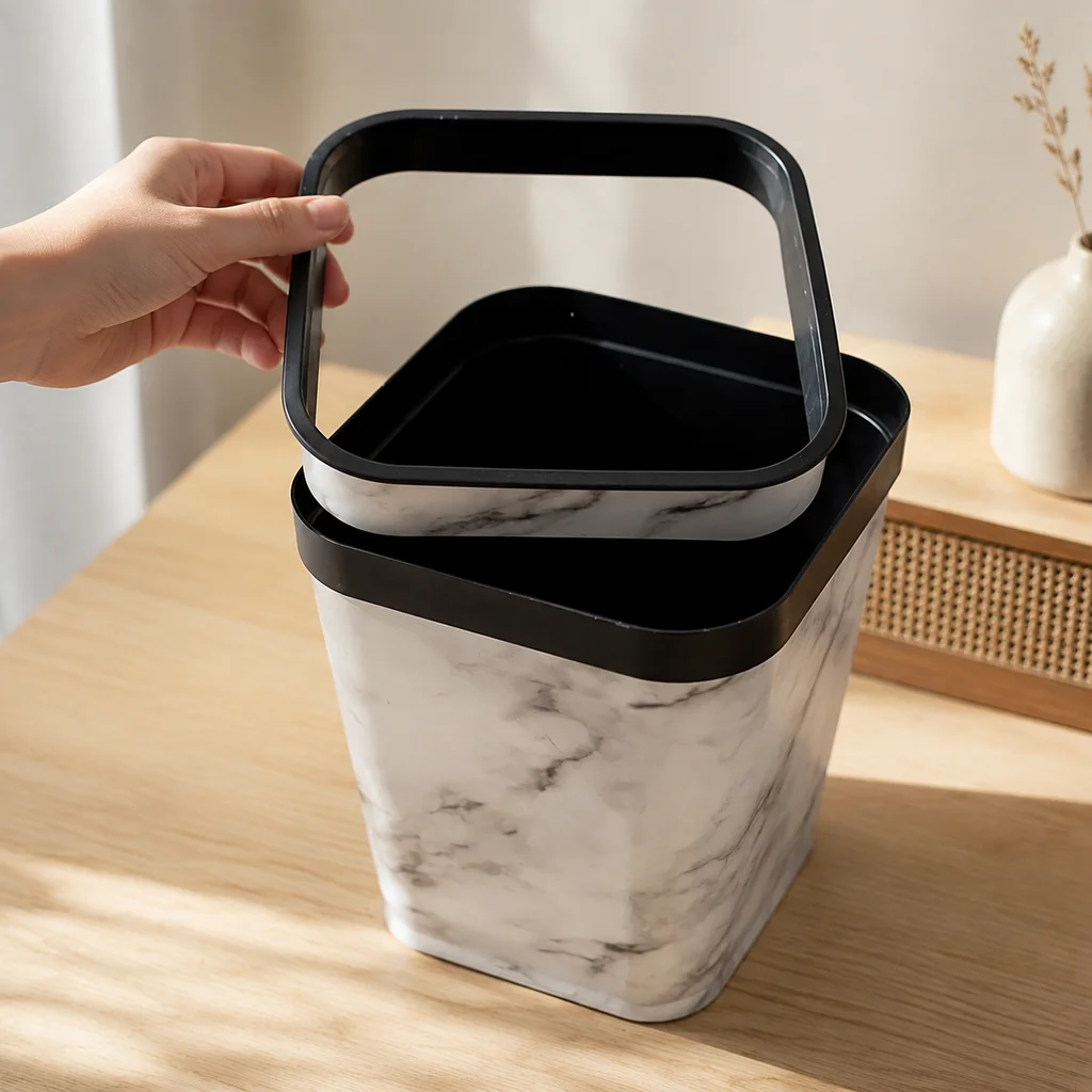12L Decorative Marble Trash Bin, White Outer Black Inner Square Waste Container for Bathroom & Living Room