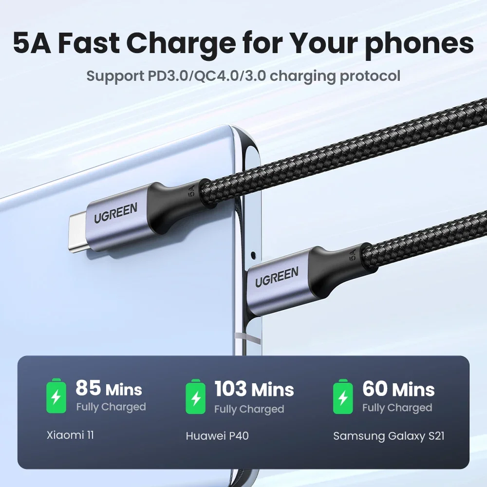 UGREEN Kabel USB-C do USB-C 100W 5A PD Szybkie Ładowanie Przewód Oplotowany do Apple iPhone iPad Macbook USB C Szybka Ładowarka Android 3m — zdjęcie produktu 4