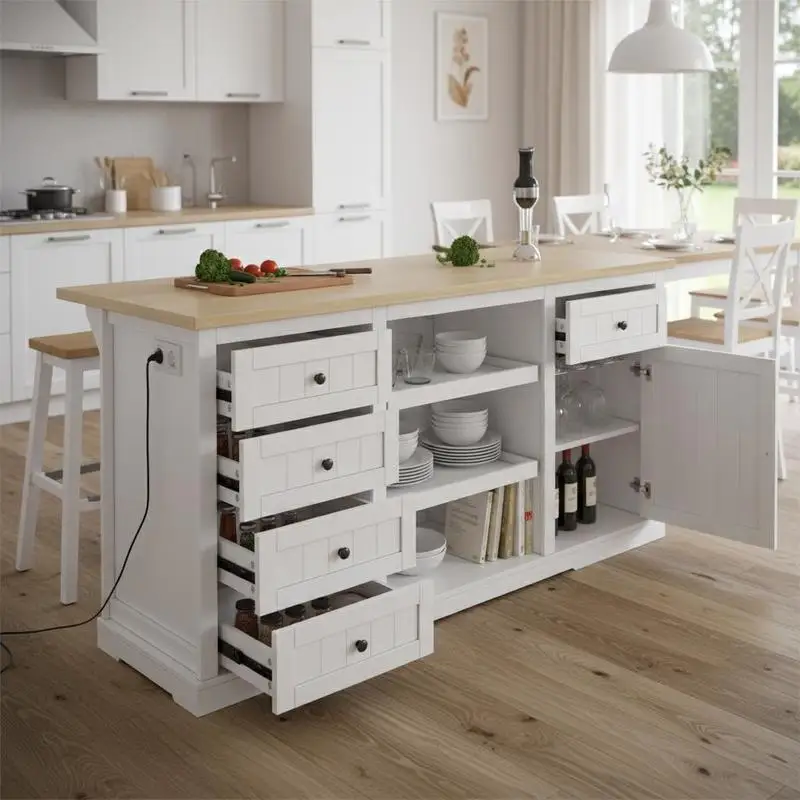 Sideboard, Kücheninsel, Barschrank mit 5 Schubladen, 2 ausziehbaren Ebenen, klappbarer Erweiterungsplatte und integrierten Steckdosen, für Küche, Esszimmer und Wohnzimmer, Weiß, 150×65×75 cm