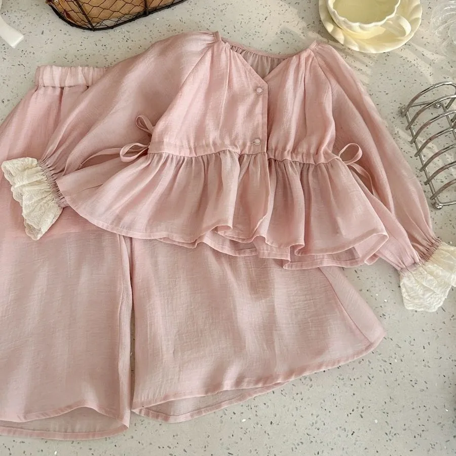 Girls Set Summer Outfit Stylish High-end Children's Beach Vacation Thin Shirt+Wide Leg Pants 2-piece Set