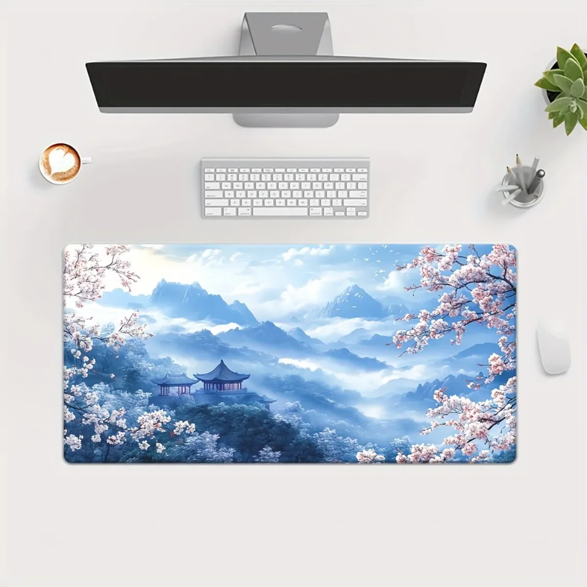 Tapis de bureau en caoutchouc antidérapant Tranquil Mountain Cherry Blossom, tapis de souris Pagode pour le bureau et le gaming, cadeau idéal