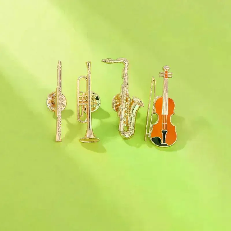 1Pcs Symphony Orchestra Badge Funny Musical Instruments Enamel Brooches Trumpet Clarinet Saxophone Violin Shaped Golden Pins