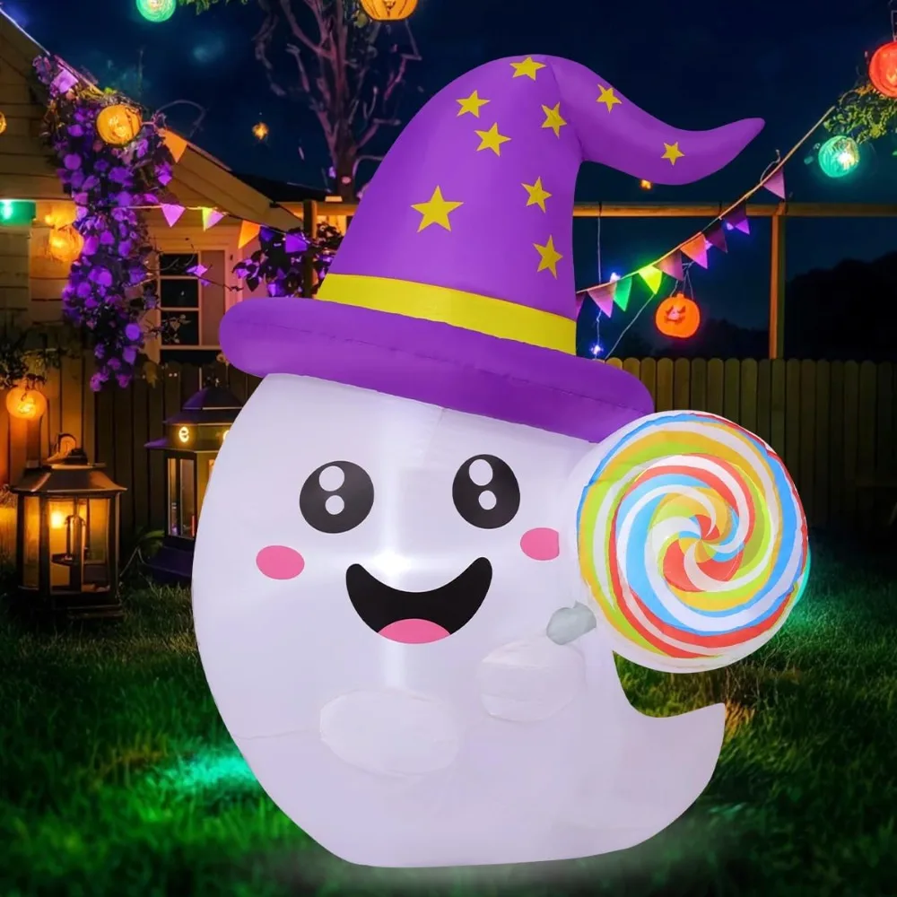 4.8 FT Halloween Inflatables, Decorations Blow Up Yard Cute Witch Hat Ghost with Candy Built-in LEDs, Halloween Inflatables