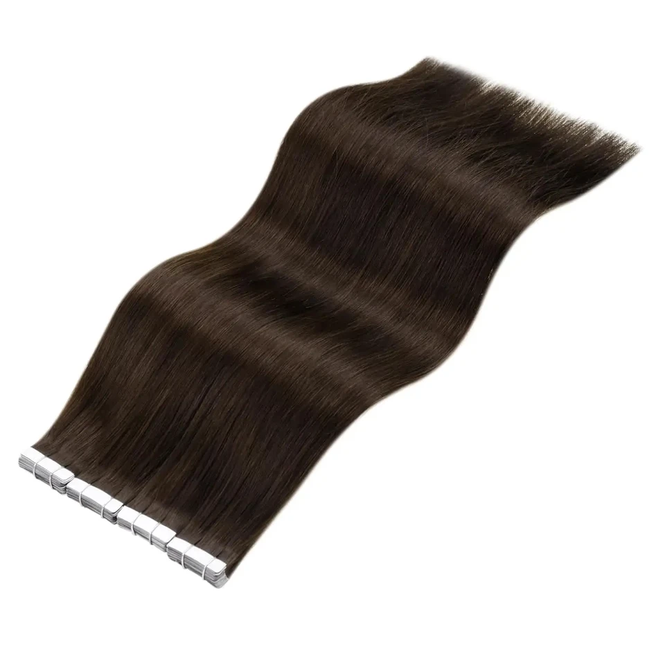 Extensiones de cabello humano tape-in liso natural color #2 marrón invisibles 100% cabello humano real 5