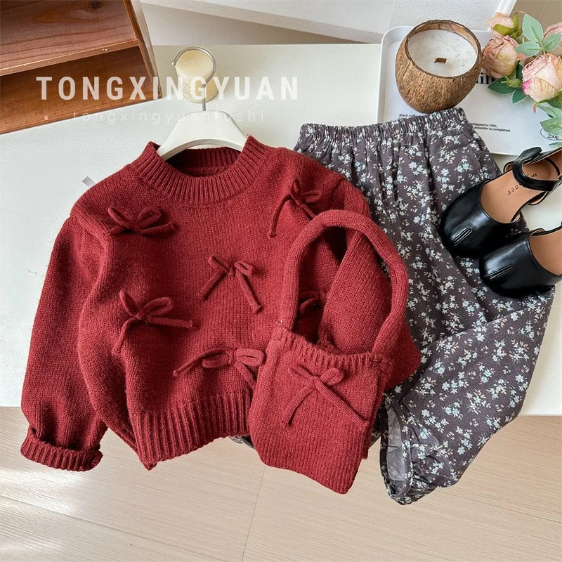 

Autumn New Korean Cute Red Bow Sweater Jacket Girls Knitted Sweater Floral Pants Set Fashion Casual Baby