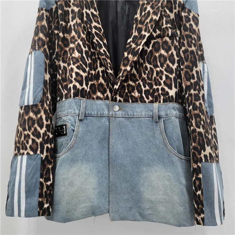 Vrouwen Luipaard Gedrukt Gesplitst Denim Pak Jas Cowboy Patchwork Jeans Blazers Jas Lente Herfst Cowboy Vest Tops 2025