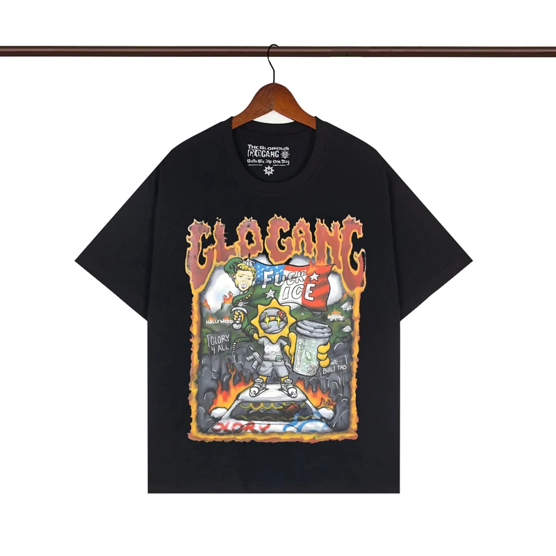 Glo Gang Flame Car Flag Ice Cartoon Print T Shirt Men Women Print Tag Short Sleeve High Quality Loose Streetwear T-shirt Tops