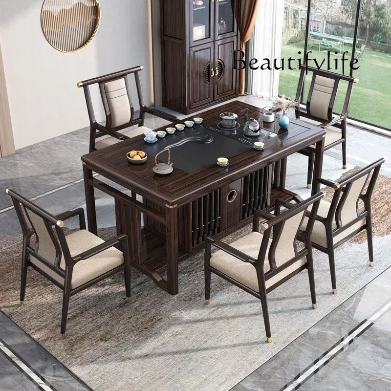 NEW N Ebony solid wood tea table and chair combination modern new Chinese living room home tea table office hospitality