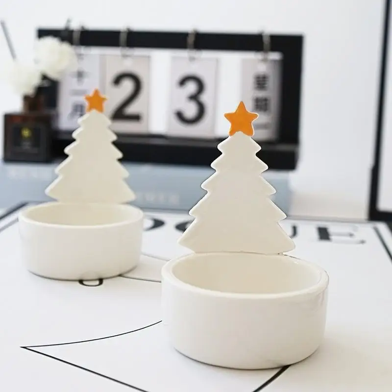Christmas Tree Candle Holder Tree Decorative Craft Ceramic Tabletop Candlestick For Christmas Home Mantle Winter Holiday