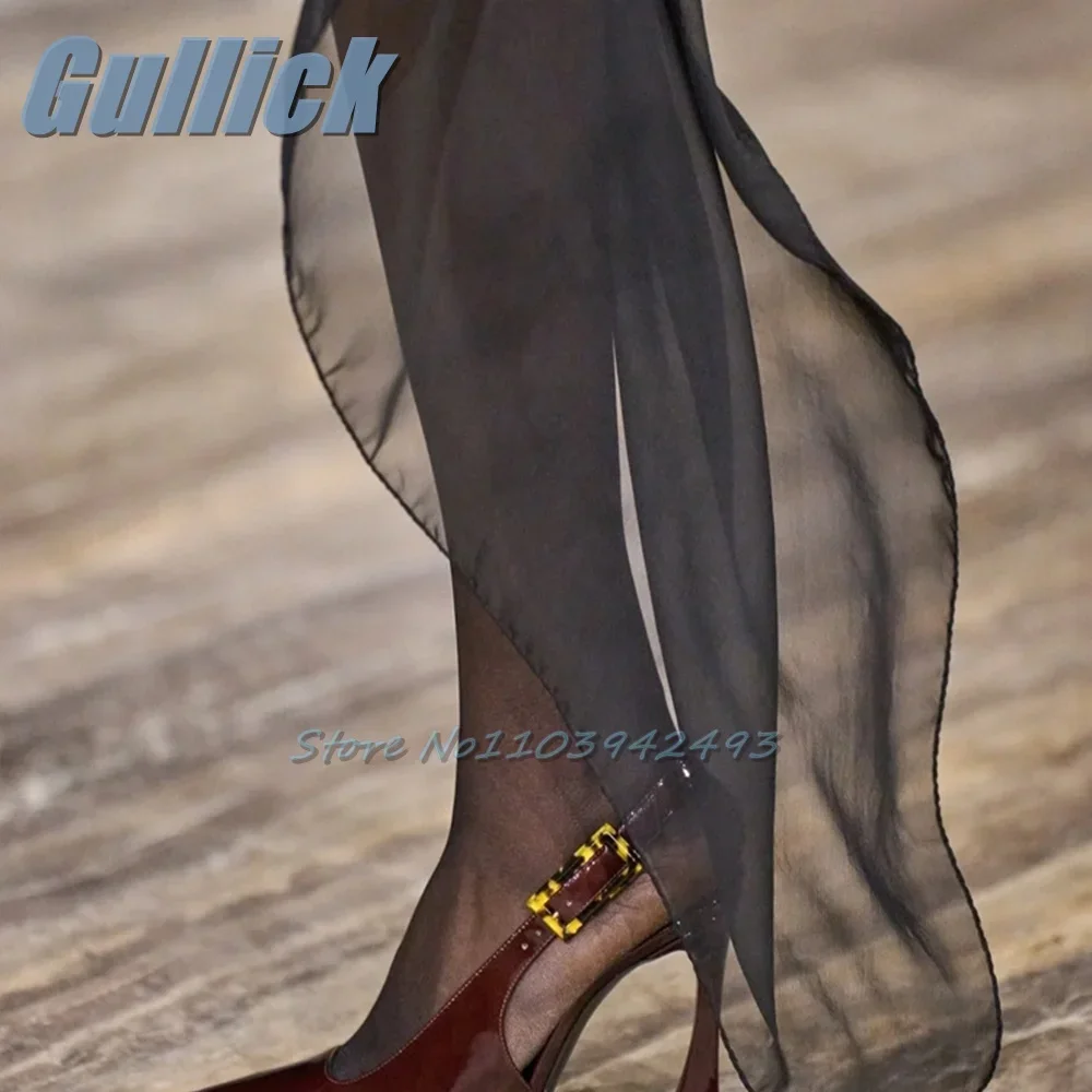 

Retro Patent Leather Heels Pointed Toe Buckle Strap Heeled Sandals Summer Shallow Solid Shoes Women Luxury Designer Sandalias