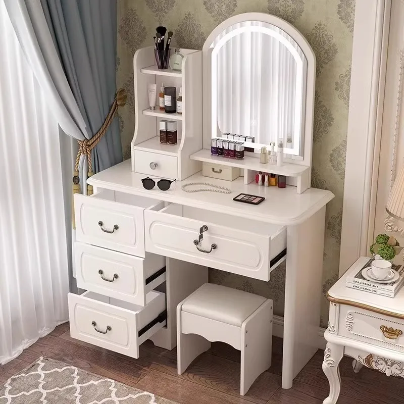 Exquisite Vintage - Inspired White Led - Framed Arched Mirror Vanity Setup Dressing Table