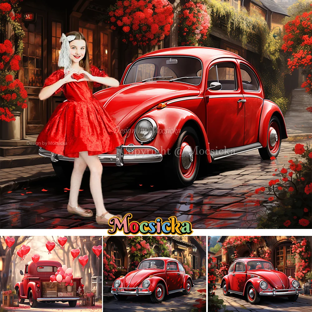 

Red Retro Car Backdrop Decor Valentine's Day Theme Party Romantic Street Flower Background Photography Prop Kids Birthday Photo