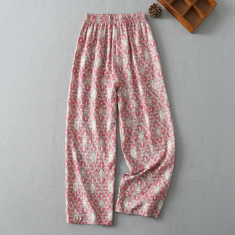 Retro Holiday Feel Loose Nine-Piece Pants Harlan Pants Comfortable Breathable Elastic Waistband Wide Leg Casual Cotton Trousers