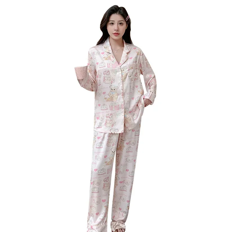 Pajama Pants Set Long Pants Long Sleeve Autumn Loose Large Size Women's Clothing Homewear Button Printed Casual  Comfortablee