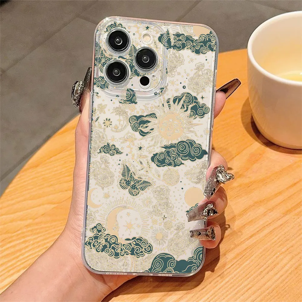 Retro Sun Moon Star Pattern Transparent Case For iPhone 18 17 16 15 14 13 12 11 Pro Xs Max Mini Plus XR 17e 16e Anti Fall Cover