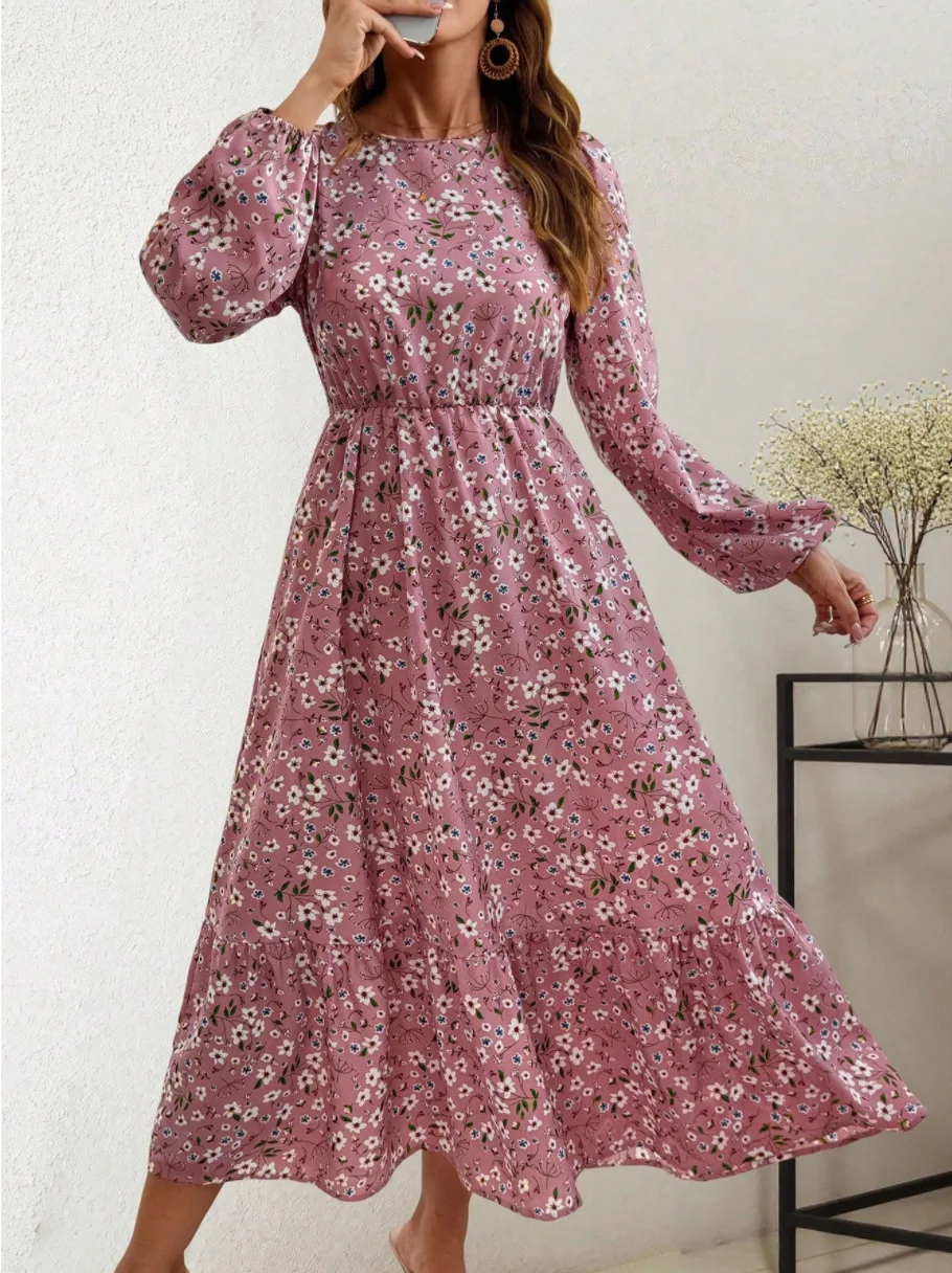 Damen Frühling/Herbst Milchseide-Kleid, Rundhals-Langarmkleid mit Blumenmuster und Taillenbund, Maxikleid