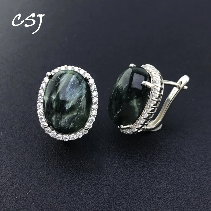 CSJ Genuine Natural Seraphinite Earrings Sterling 925 Silver Charoite Gemstone Oval12*16mm for Women Birthday Party Jewelry Gift