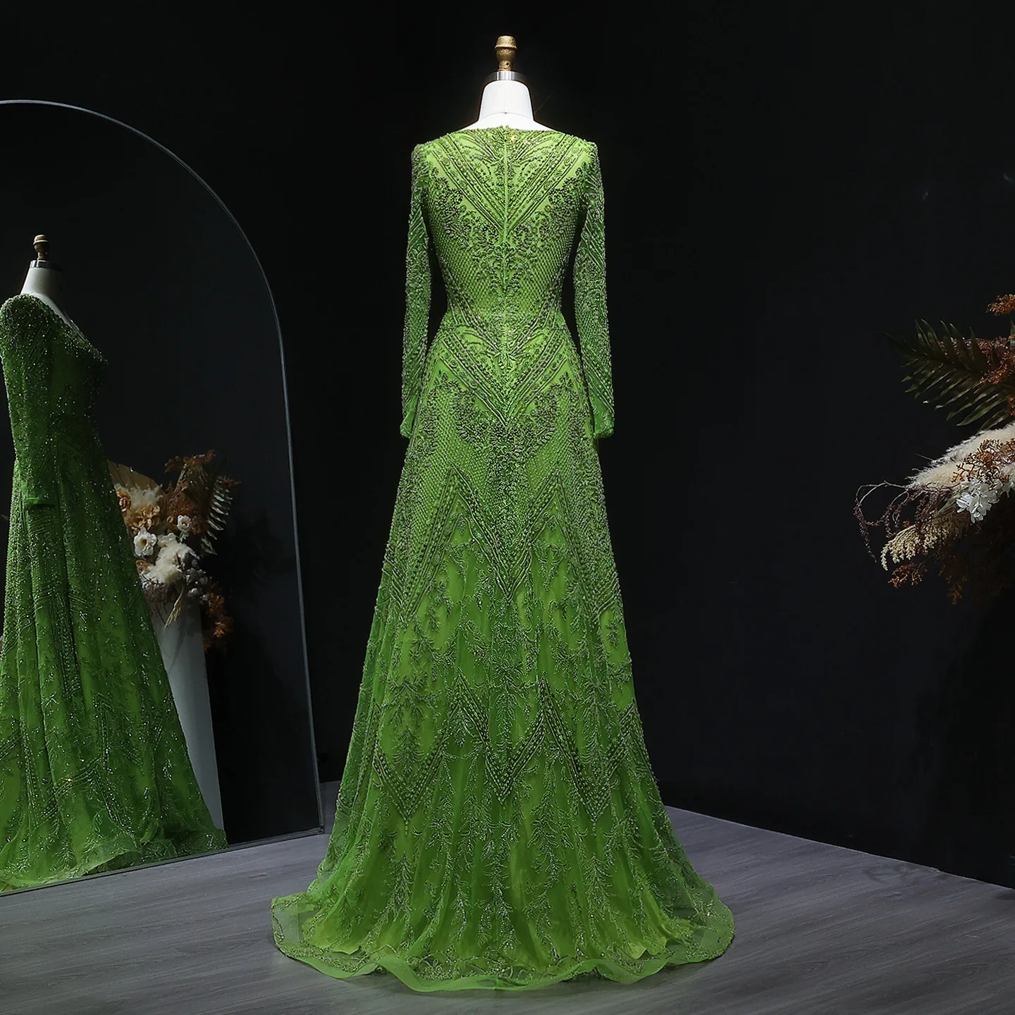 Sharon Said-vestido de noche de manga larga, color verde lima, cuello en V, cuentas de lujo, vestidos de fiesta árabes para graduación para mujer SS110 personalizado