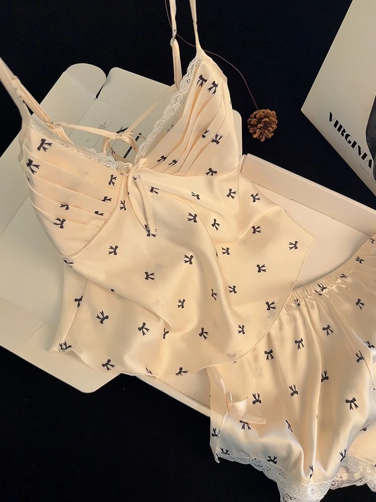 pure-desire-ice-silk-nightgown-women's-fashionable-home-clothes-knot-lace-strap-sleepwear-friend-matching-set