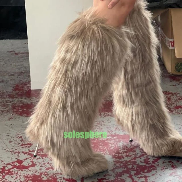 

Lady Beige Color Fur Pointed Toe Knee Boots Sliver Heel Vintage Color Fur Punk Y2K Dance Runway Knee Boots Size 34-46 Footwear